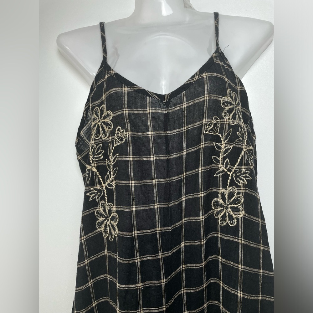 World Market Black Wide leg windowpane Embroidered Jumpsuit pockets Women sz XL - Picture 5 of 9